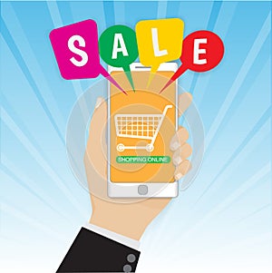Smartphone with hand and Sale bubble speeches, ecommerce concept vector