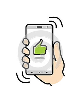 Smartphone on hand. Thin line icon of mobile phone features, settings and apps. Vector linear icon for smartphone. Vector