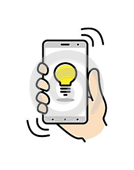 Smartphone on hand. Thin line icon of mobile phone features, settings and apps. Vector linear icon for smartphone. Vector