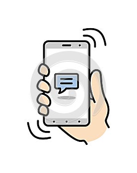 Smartphone on hand. Thin line icon of mobile phone features, settings and apps. Vector linear icon for smartphone. Vector