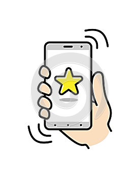 Smartphone on hand. Thin line icon of mobile phone features, settings and apps. Vector linear icon for smartphone. Vector