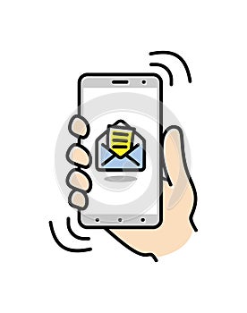 Smartphone on hand. Thin line icon of mobile phone features, settings and apps. Vector linear icon for smartphone. Vector