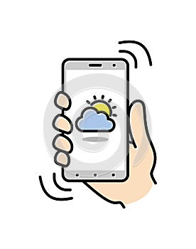 Smartphone on hand. Thin line icon of mobile phone features, settings and apps. Vector linear icon for smartphone. Vector