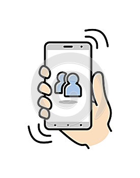 Smartphone on hand. Thin line icon of mobile phone features, settings and apps. Vector linear icon for smartphone. Vector