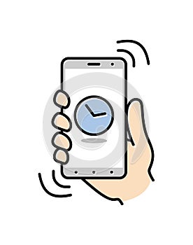 Smartphone on hand. Thin line icon of mobile phone features, settings and apps. Vector linear icon for smartphone. Vector