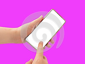 Smartphone in Hands Mockup, Hand Holds Mobile Phone, Empty Telephone Display, Online Shopping