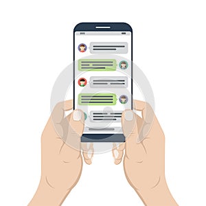 Smartphone in hands with opened messenger app