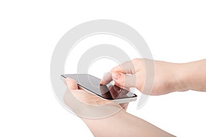 Smartphone in hands on white background,mobile phone gadget,apps and technology,online shopping mockup