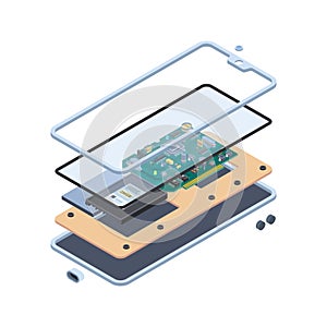 Smartphone hardware. Isometric layers of inside touch screen gadgets or tablet pc motherboard mobile vector repair