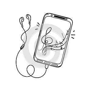 A smartphone with headphones, hand-drawn in doodle-sketch style. A device for listening to music. Vector in a simple
