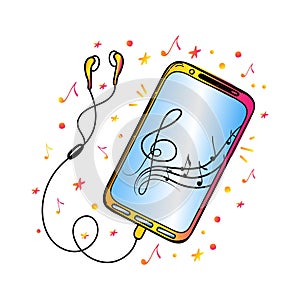 A smartphone with headphones, hand-drawn in doodle-sketch style. A device for listening to music. Vector in a simple