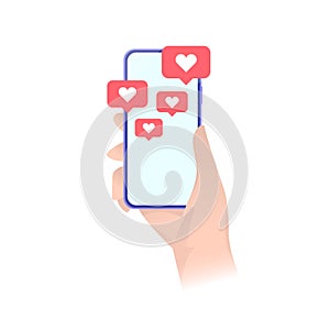 Smartphone with heart emoji speech bubble. Vector social media modern design. Social network and mobile device concept. Stock