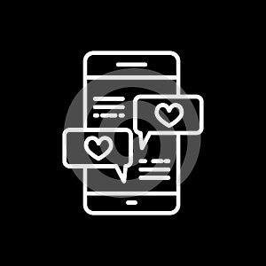 Smartphone with heart message line icon, outline vector sign, linear style pictogram isolated on black. Love chat symbol