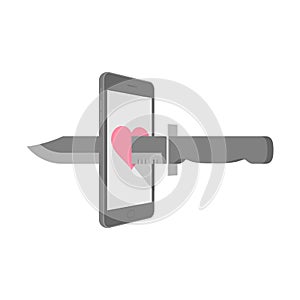 Smartphone with heart symbol on screen and knife set internet cyber crime concept idea