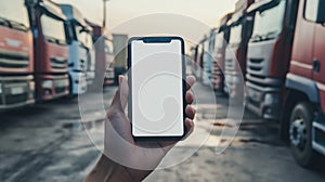 Smartphone held in hand, surrounded by parked trucks, empty screen photo