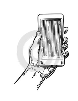 Smartphone hold male hand. Vintage drawn engraving illustration for info graphic, poster, web.