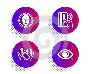 Smartphone holding, Contactless payment and Face detect icons set. Health eye sign. Vector