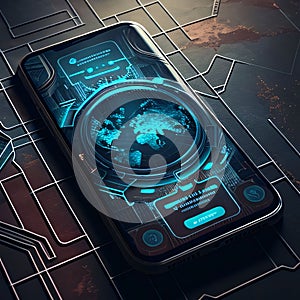 Smartphone with hologram world map on the screen. 3d render