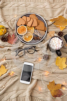 Smartphone, hot chocolate and autumn leaves