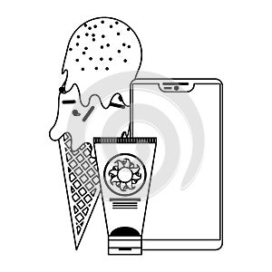 Smartphone and ice cream with sun bronzer cartoon in black and white