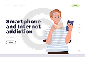 Smartphone and internet addiction concept for landing page with child using phone while eating