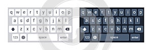 Smartphone keyboard in light and dark mode, keypad alphabet buttons in modern flat style, mobile phone tab concept for