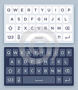 Smartphone keyboard. Mobile phone white and black screen keypad with english qwerty alphabet realistic vector isolated