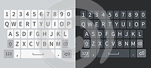 Smartphone keyboard. White and black keyboards mobile phone, buttons alphabet on screen device. Ui keypad mockup vector