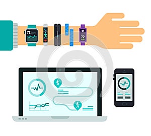Smartphone and laptop with application and hand with different fitness trackers vector illustration