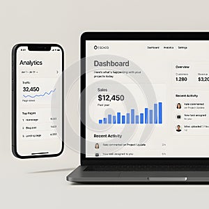 Smartphone and laptop showcasing analytics and dashboard interfaces.