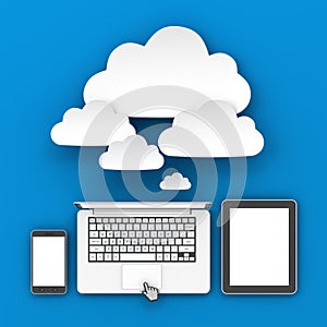 Smartphone, laptop and tablet connecting to cloud