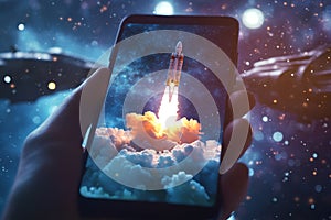 A smartphone launches a digital rocket symbolizing technological innovation