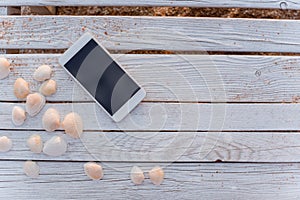 The smartphone lies in the encircling of seashells on wooden boards.