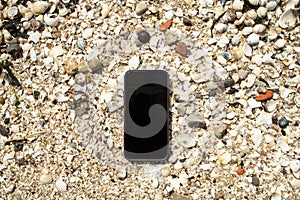 Smartphone lies on shells on the seashore, it has been lost. Flatley. copy space.