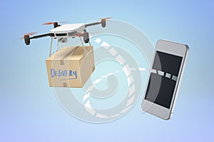 Smartphone linked to drone delivery concept photo