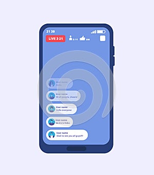 Smartphone live video stream. Streaming videos on cellphone with ui inspired by facebook. Vector template