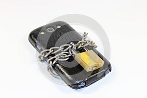 Smartphone locked with a chain and a lock