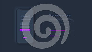 Smartphone with login form for app development. Concept of mobile application. Dark neumorphic design mockup