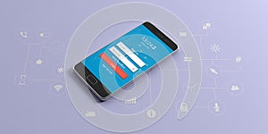 Smartphone with login screen on blue background with app icons. 3d illustration