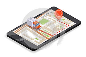 Smartphone logistic mobile delivery tracking app 3d isometric truck pin city street map flat design isolated on white