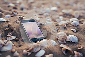 Smartphone lost mobile phone cellphone modern gadget lying sand beach tropical sunny white sandy seashore seashells
