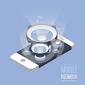 Smartphone with loudspeakers - isometric phone, loud music concept