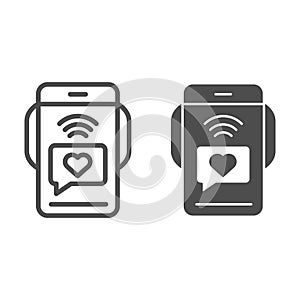 Smartphone with love message line and glyph icon. Romantic sms vector illustration isolated on white. Love chat outline