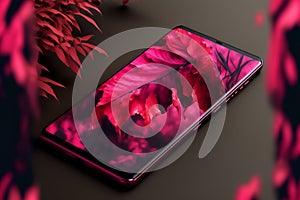 Smartphone with magenta leaf on display, powerful screen technology