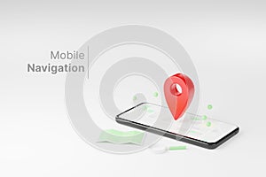 Smartphone map application and red pinpoint on screen. 3d illustration