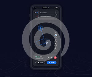 Smartphone map GPS navigation app dark mode ux ui concept, Mobile map application, App search map navigation, Technology map, City