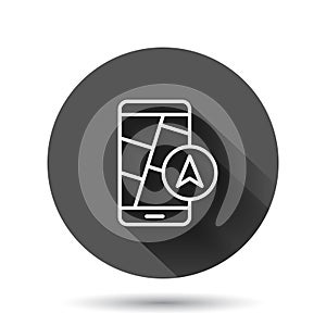 Smartphone map icon in flat style. Mobile phone gps navigation vector illustration on black round background with long shadow
