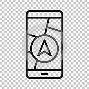 Smartphone map icon in flat style. Mobile phone gps navigation vector illustration on white isolated background. Locate pin