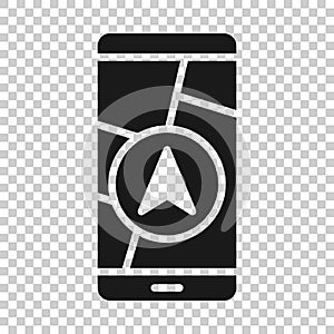 Smartphone map icon in flat style. Mobile phone gps navigation vector illustration on white isolated background. Locate pin