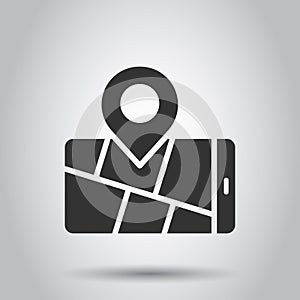 Smartphone map icon in flat style. Mobile phone gps navigation vector illustration on white isolated background. Locate pin